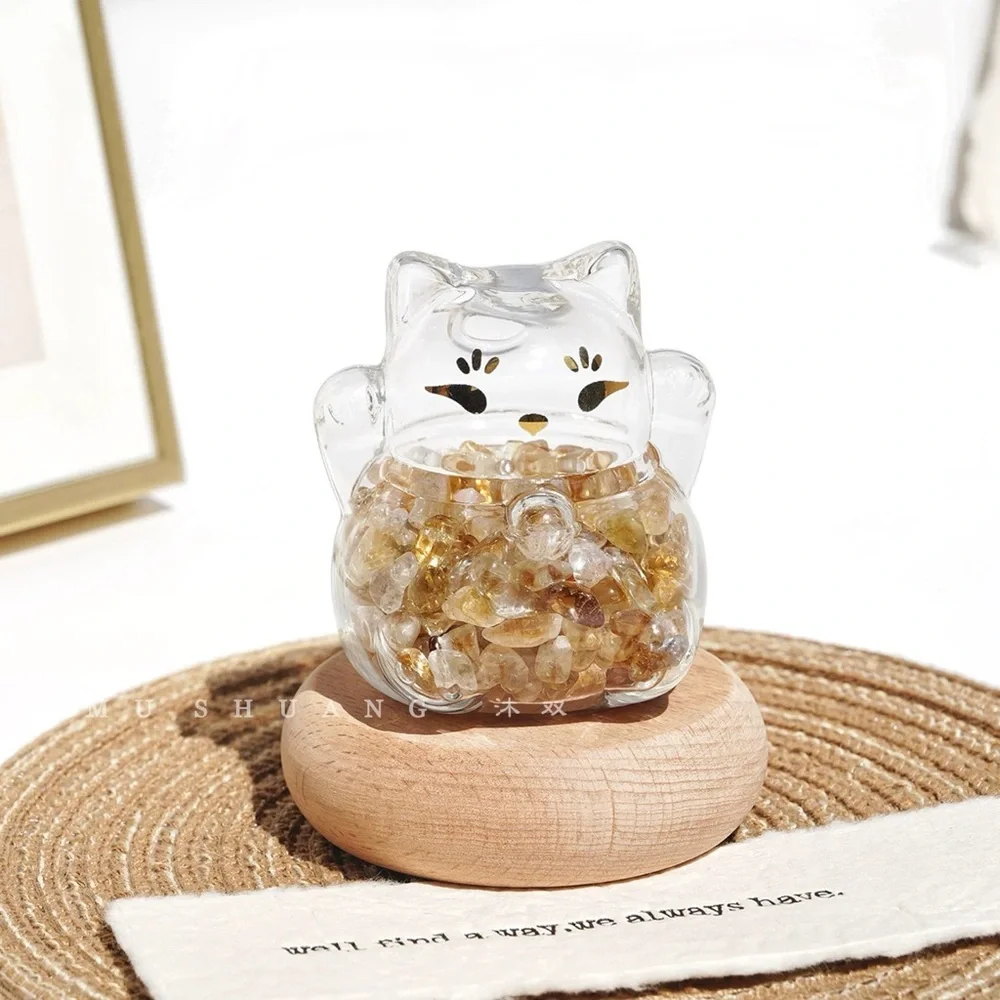 Glass Memorial Jar Cat Keepsake for Fur, Stones with Wooden Base for Home Decor